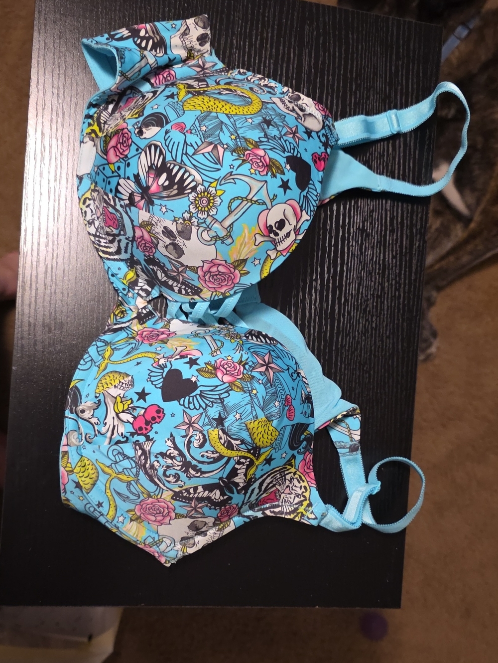 Light Blue Patterned Molded Cup Bra with Skull & Floral Print
